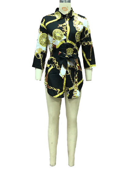 Autumn New Women's Dress Fashionable Sexy Gold Chain Slim Fit Printed Single Breasted Lace Up Waist Cinching Short Skirt