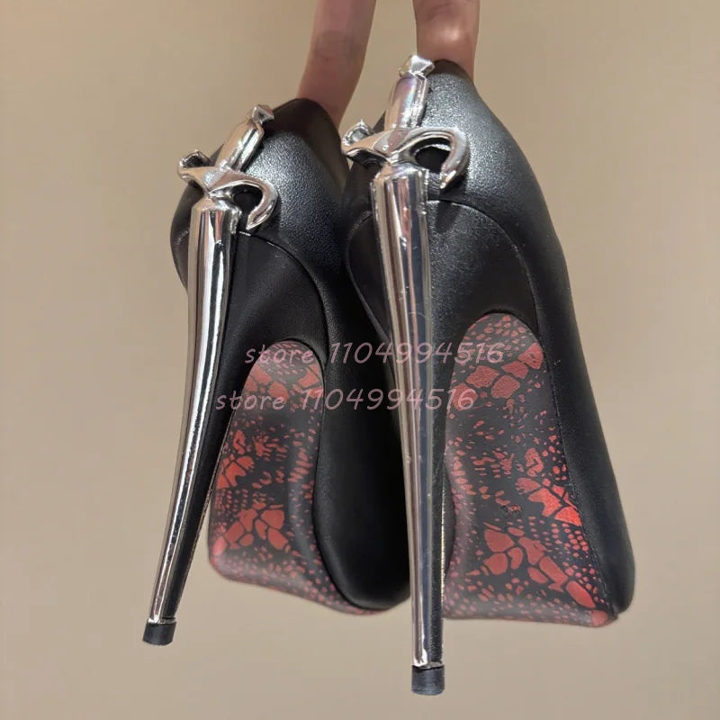 Women Sexy Pointed Toe Stiletto High Pumps Metal Decor Leather Super High Heels  Fashion Party Ladies Summer Gladiator Shoes