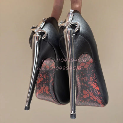 Women Sexy Pointed Toe Stiletto High Pumps Metal Decor Leather Super High Heels  Fashion Party Ladies Summer Gladiator Shoes