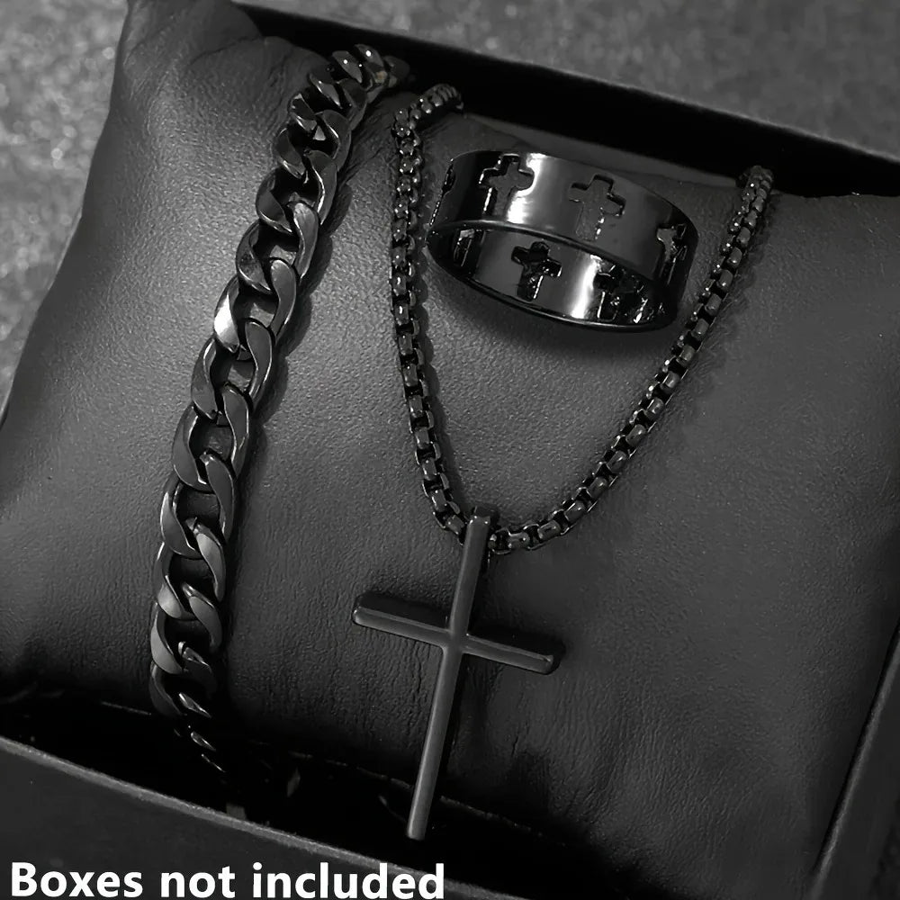3pcs Fashion Alloy Men's Cross Pendant Necklace, Bracelet & Ring Combo Jewelry Set