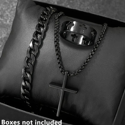 3pcs Fashion Alloy Men's Cross Pendant Necklace, Bracelet & Ring Combo Jewelry Set