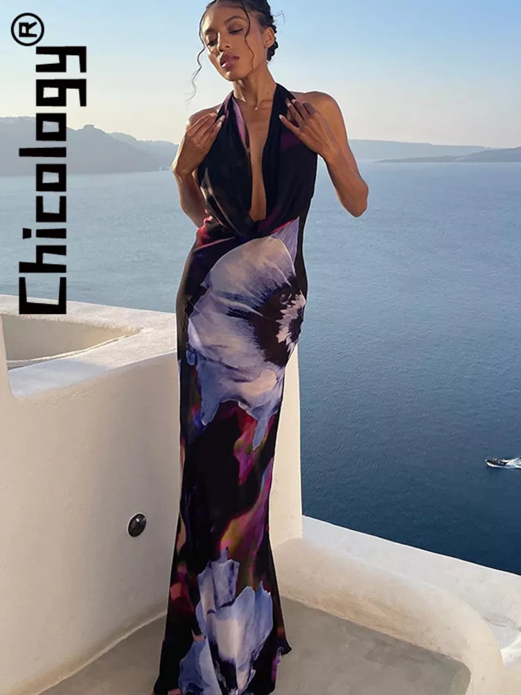 Chicology Sexy Halter Printing Backless Bodycon Maxi Dress Vacation Beach Party Festival Vintage Y2K 2022 Women Outfit Wholesale