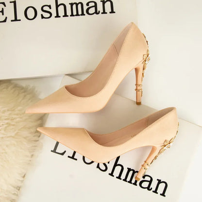 High End Metal Flower High Heels New European American Fashion Luxury Sexy Pointed Women's Shoes Banquet Party Casual Shoes