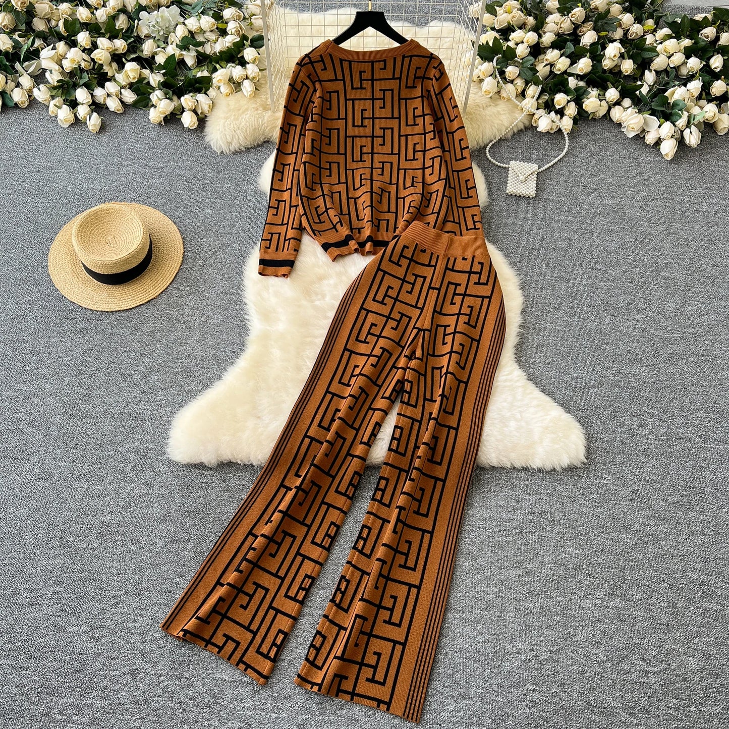 SINGREINY Geometric Maze Print Two Pieces Suits Autumn Winter O Neck Sweater+Long Pants Women Casual Fashion Knitting 2pcs Sets