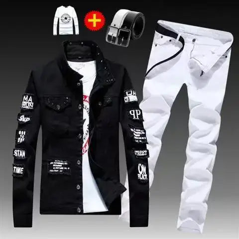 Frühling Herbst Herren Jeansjacke + Jeanshosen Set Mode Einreiher Mantel Hose Zweiteiliger Denim-Anzug