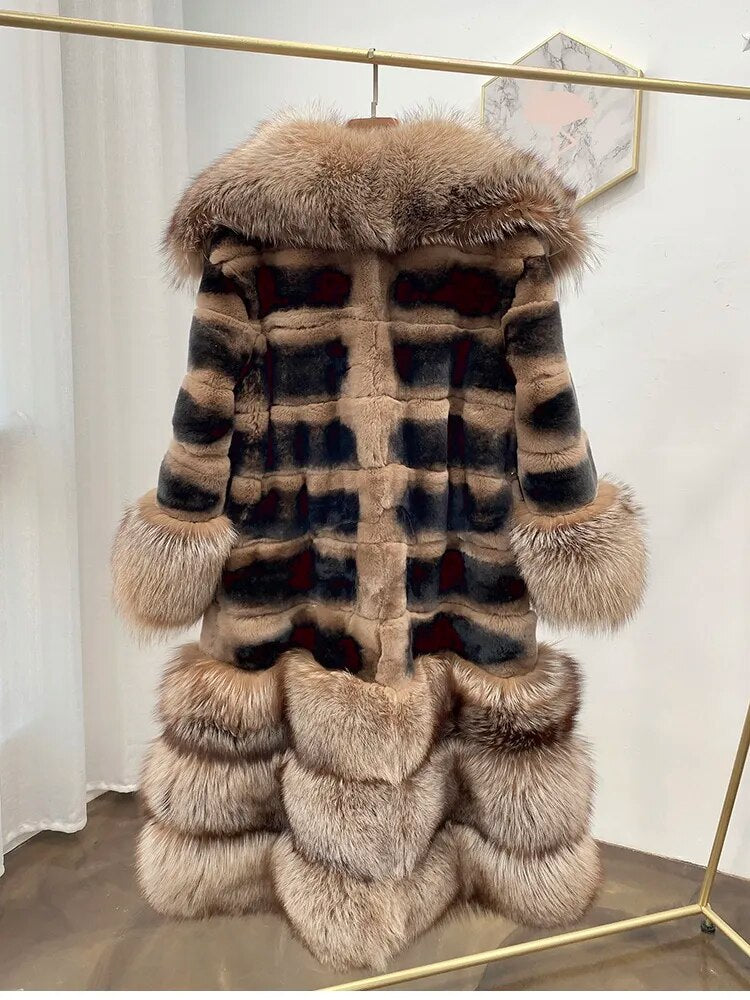 Luxury Oversized Crystal Fox Fur Collar Whole Fur Rex Rabbit Fur Long Fur Coat Loose Coat Autumn And Winter New Style