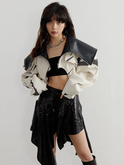 DEAT Fashion Women's Spliced Edge Contrasting Short Jackets Big Lapel Zipper Long Sleeve Short Coat Autumn  New 1DF6153