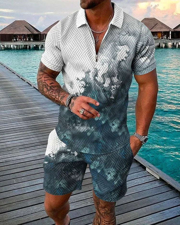 Summer New Trend Men's Tracksuit Casual Zipper Collar 3d Print Polo Shirt Suit 2 Pcs Set Colorful Streetwear Clothing Oversize