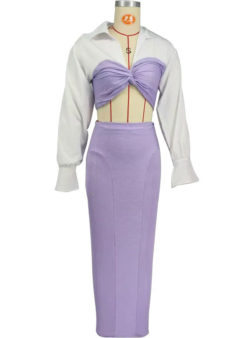 CM.YAYA Womens Two 2 Piece Sets Full Sleeve Shirt and Split Long Skirt Suit  Fall Streetwear Sexy Night Club Party Outfits