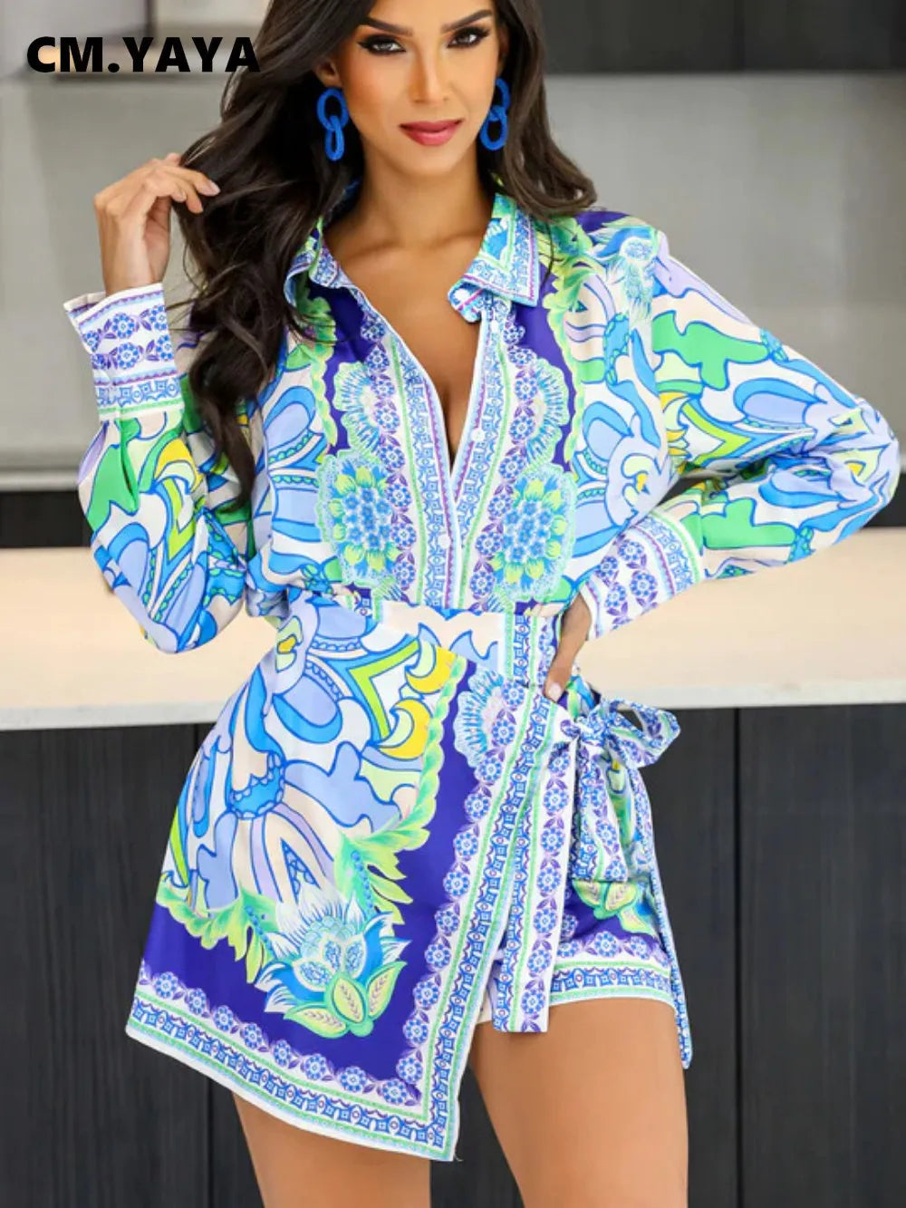 CM.YAYA Fashion Paisley Women 2 Piece Set Outfits Vintage Long Sleeve Shirt and Split Side Skirt Shorts Matching Set Tracksuit