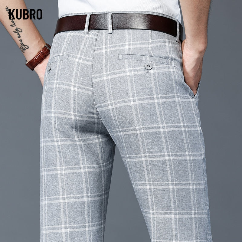 KUBRO 2023 Imitation Linen Trend Plaid Pants New Straight Men&#39;s Casual Personality All Match Pattern Home Brown Grey Trousers