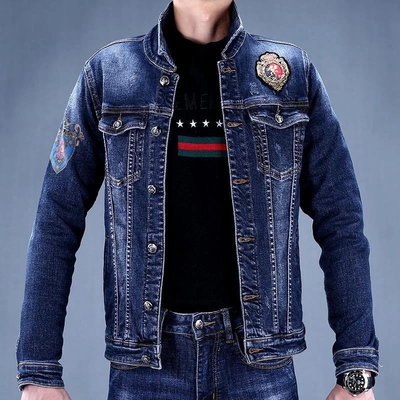 spring 2023 and autumn new denim suit tide brand slim trend pants casual men's jacket top