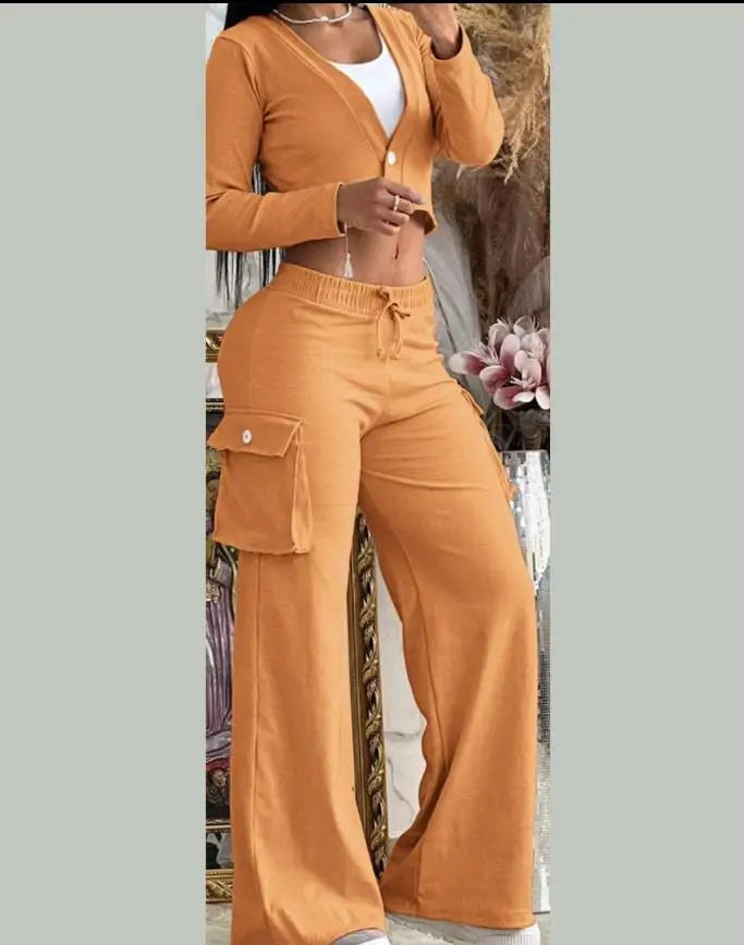 Women's Spring Summer New Fashionable Solid Color Printed Sexy Waist Short Top Casual Pants Set For Women