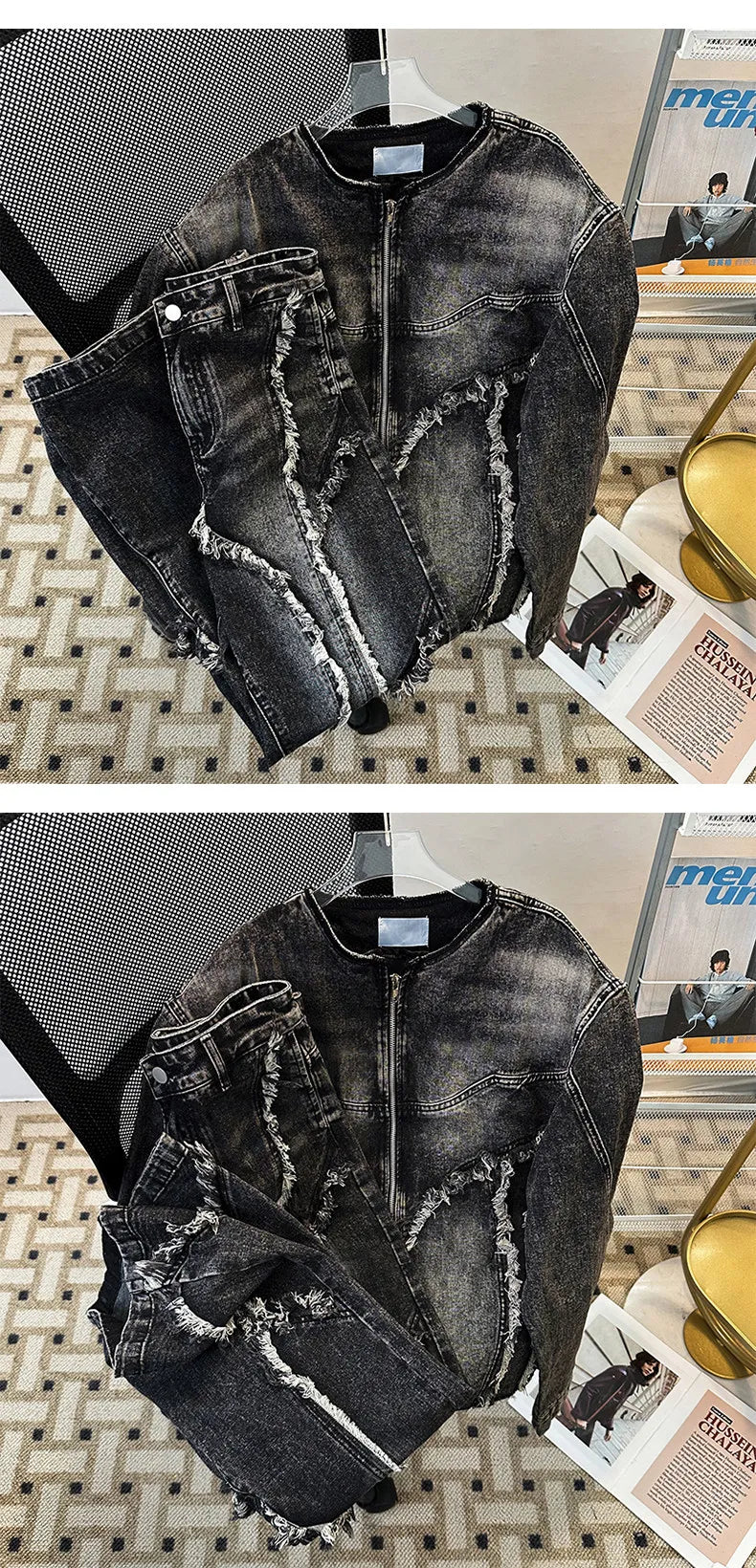 Men's Fringed Denim Set 2026 Spring New American Retro Washed Shoulder Padded Zipper Jacket Splicing Jeans Two Pieces Sets