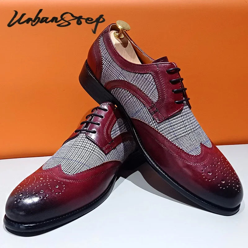 Luxury Men Derby Shoes Burgundy Lace up Pointed Toe Patchwork Striped Plaid Casual Mens Genuine Leather Dress Shoes Men