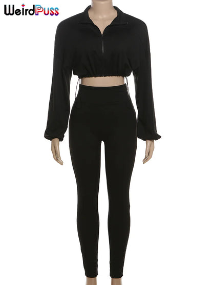 Weird Puss  Autumn Women 2 Piece Set Casual Tracksuit Zipper Thin Drawstring Jacket+Leggings Matching Streetwear Sporty Suit