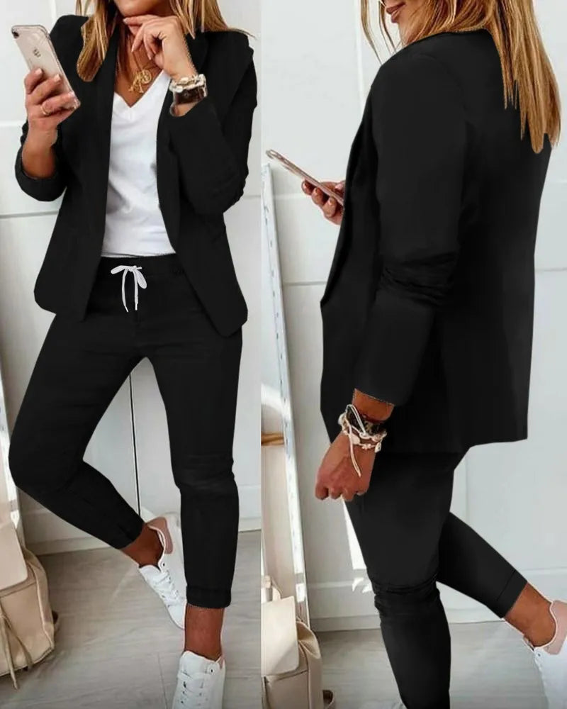 Women's Monochrome Casual Business Suit Temperament Commuting Pants Drawstring Elastic Waist Fashion Slit Suit Two-piece Set