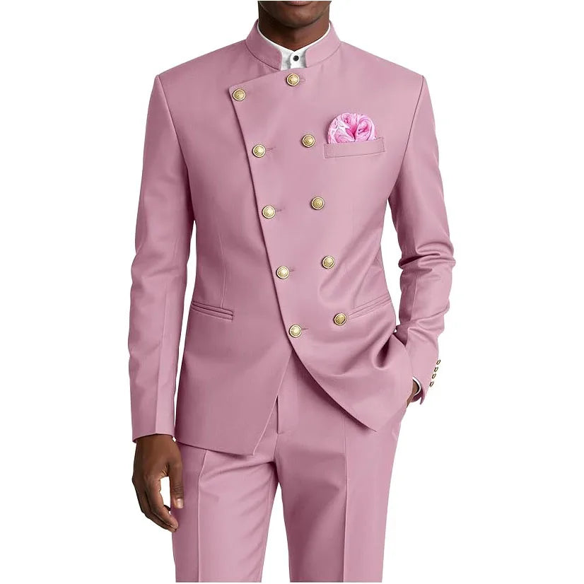 Men's Business Casual Suit 2 Piece Brown Mandarin Collar Double Breasted With Gold Buttons
