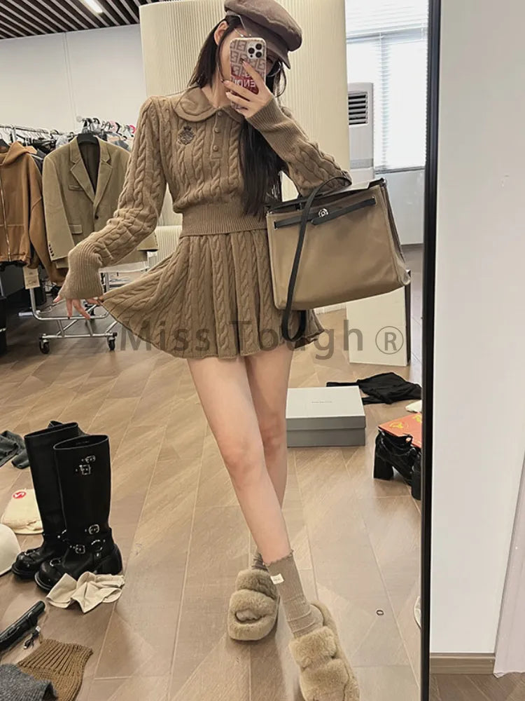 Autumn Kawaii Knitted Two Piece Skirt Set Women Vintage Sweater Party Mini Skirt Suit Female Korean Fashion Sweet Retro Set 2023