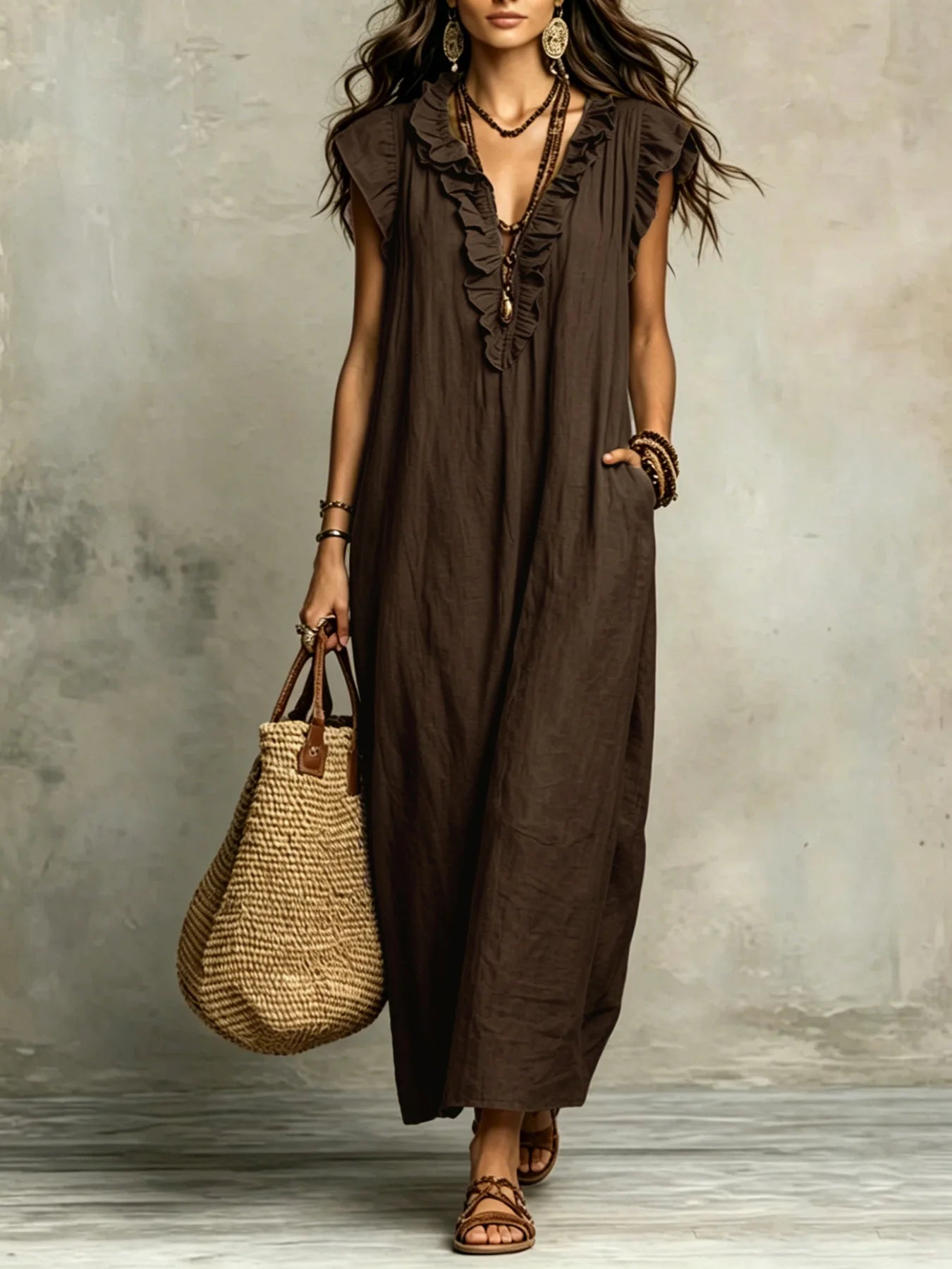 Women's Spring Summer Bohemian Long Dress with Flying Sleeves Elegant Gown for Ladies