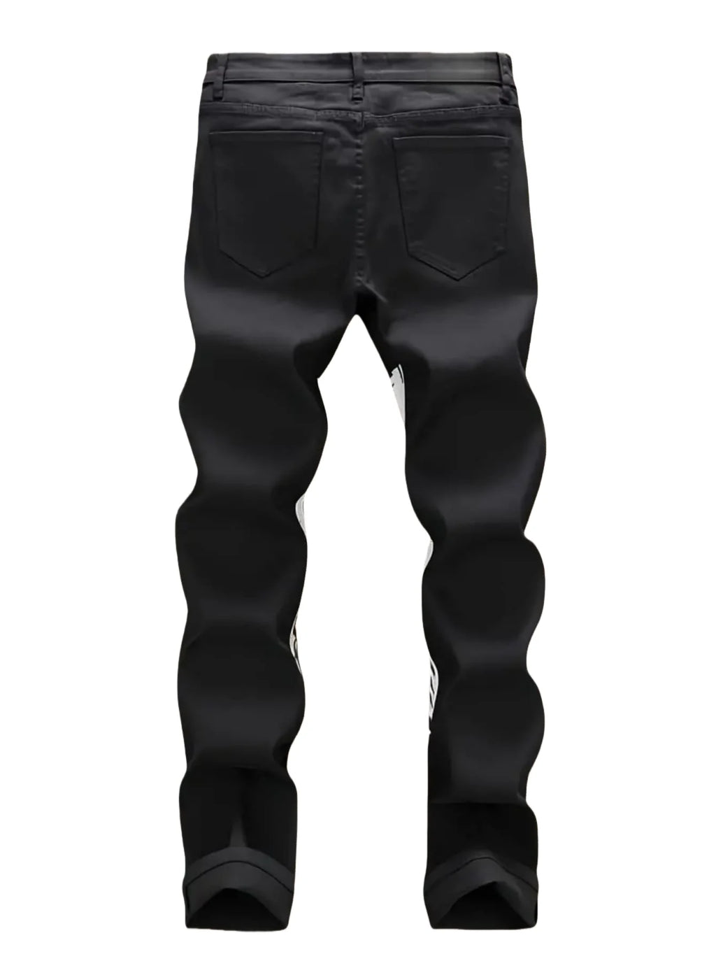 Street casual wear, men's jeans, fashionable printed patterns, classic style trousers with cinched waist design. Black color