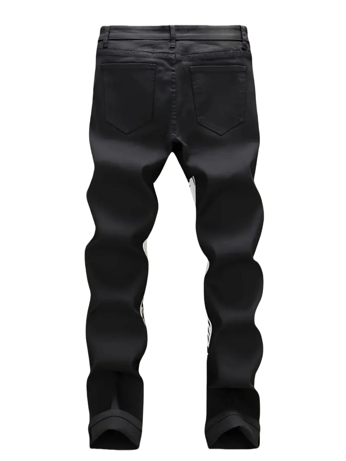 Street casual wear, men's jeans, fashionable printed patterns, classic style trousers with cinched waist design. Black color