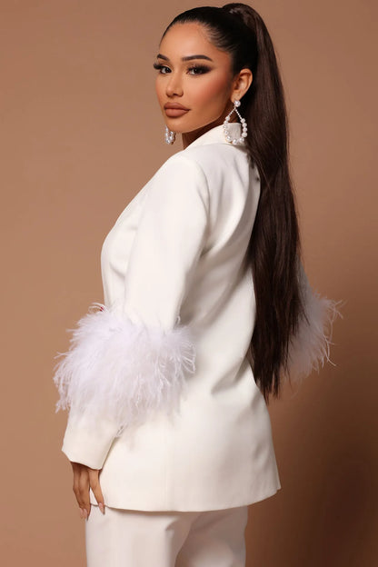 CM.YAYA Vintage Women Fur Hem Long Sleeve Blazer Suit and Pants  Chic OL Fashion Two 2 Piece Set Outfits Basic Tracksuit