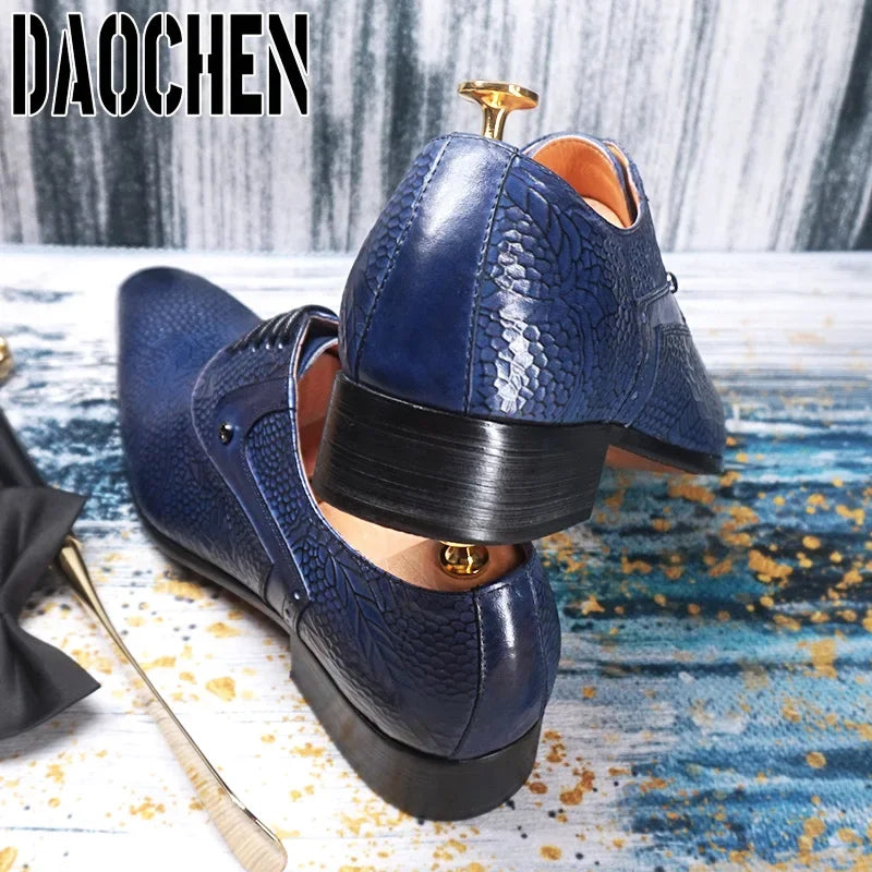 Luxury Brand Men Oxford Shoes Lace-up Pointed Toe Blue Casual Dress Man Shoe Flowers Print Genuine Leather Shoes For Men