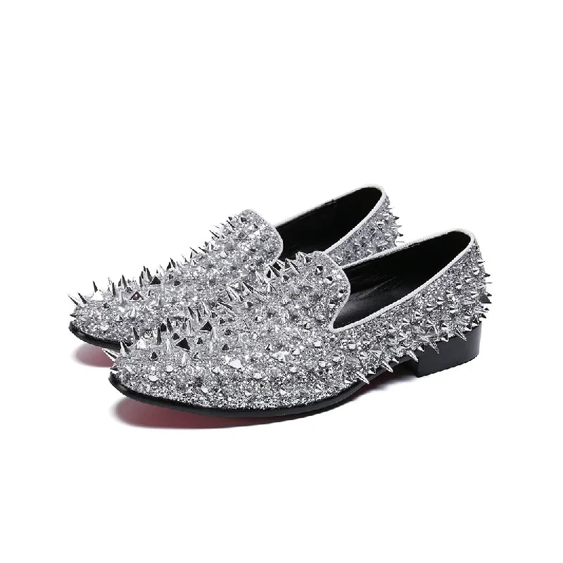 Fashion Blaue Bling Spikes Loafers Schuhe für Herren Luxus Handgemachte Slip-On Herren Anzugschuhe Hochzeitsschuhe