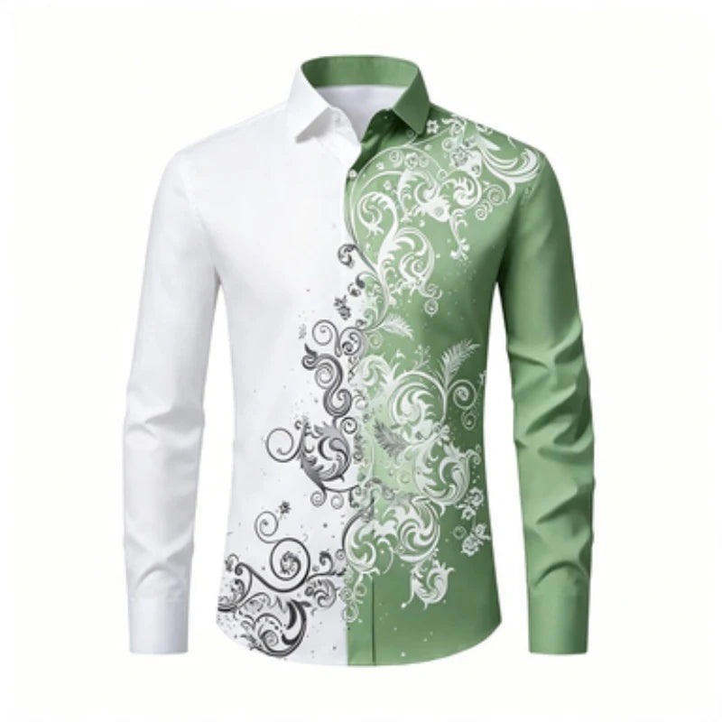 Men's long sleeved shirt, European and American men's printed long sleeved shirt, collared European patterned shirt, trendy casu