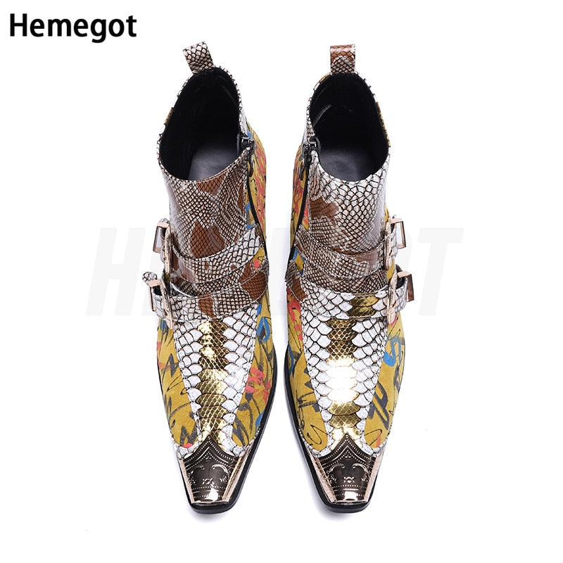 Pointed Toe Golden Snake Pattern Boots Men's Boots Trendy High-Heeled Men's Banquet Leisurely Leather Boots Euro Size 37-48