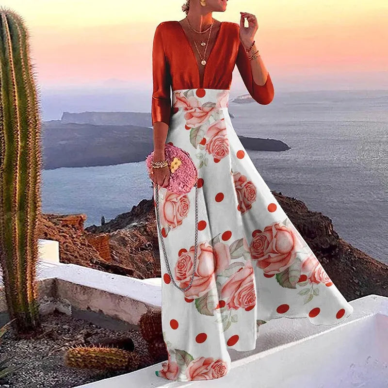 Sexy Deep V-neck Slim Dress Lady New Fashion Elegant Printed Beach Long Dress 2023 Spring Summer For Women Party Dresses Vestido