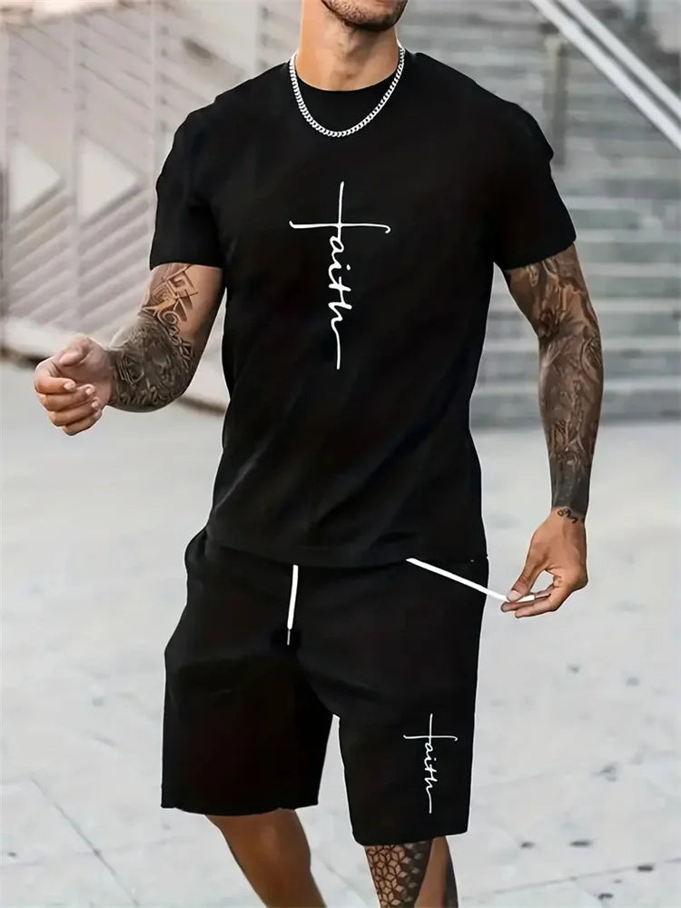 Herren T-Shirt Shorts Set Mode Herren Kreuz bedruckt Kurzarm Zweiteiler Oversized Outdoor Strand Sport Herren Plus Size Anzug