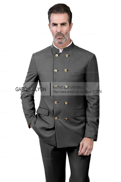 2 Piece Stand Collar Double-Breasted Chinese Style  Men's Suits With 3 Real Pocket Wedding SuitsTailored Fit (Blazer+Pants)