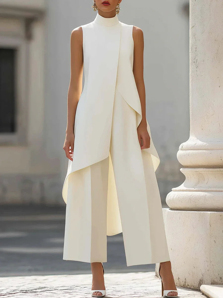 Sleeveless High Neck Asymmetrical Layered Wide Leg Jumpsuit for Women Elegant Formal Evening Wear