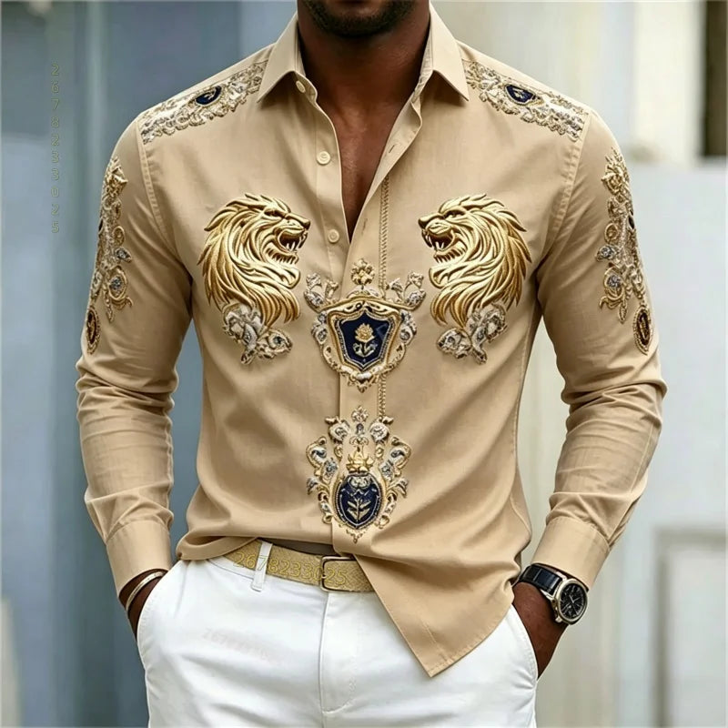 Men's shirt Baroque style shirt Lion head slim fit design long sleeved shirt Business casual street style men's clothing XS-6XL
