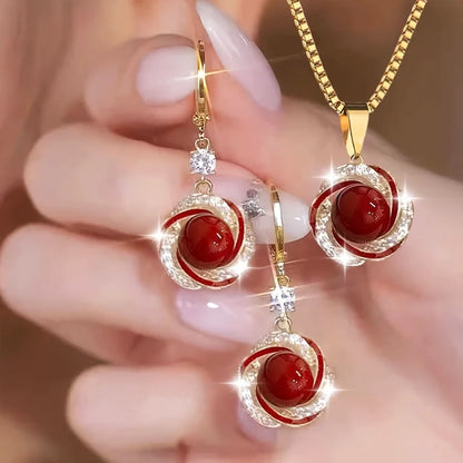 3pcs Shining Zircon Flower Jewelry Sets for Women Light Luxury Imitation Pearl Pendant Necklace Earrings Banquet Party Jewelry