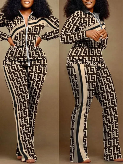 Spring Autumn Two Piece Sets Women Geometric Print Zip Up Top Coat Pants Set Outifits Fashion Tracksuit Casual Elegant Suit
