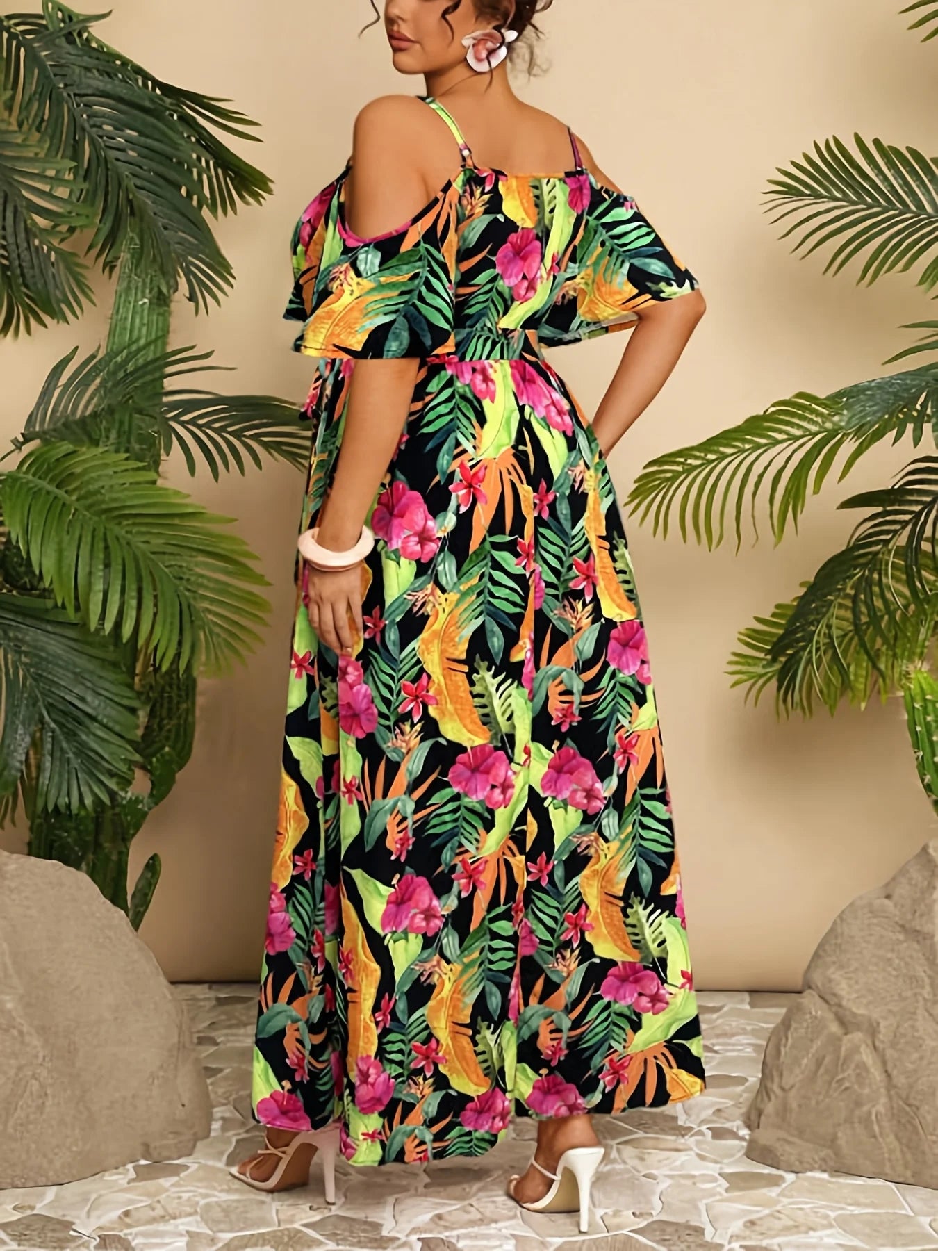 Sommer Neues elegantes schulterfreies, langärmliges Maxikleid in Übergröße, lässiges lockeres, tailliertes Kleid mit sexy Schlitz