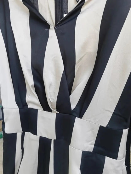 Summer Fashion Elegant Black White Striped + Belt Jumpsuits Office Ladies Sexy V-neck High Street Slim Wide Leg Jumpsuit