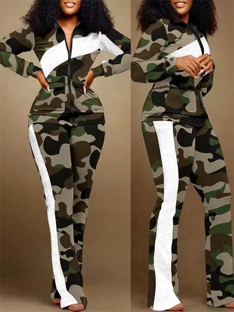 Spring Autumn Two Piece Sets Women Geometric Print Zip Up Top Coat Pants Set Outifits Fashion Tracksuit Casual Elegant Suit