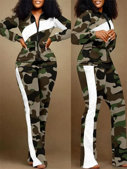 Spring Autumn Two Piece Sets Women Geometric Print Zip Up Top Coat Pants Set Outifits Fashion Tracksuit Casual Elegant Suit