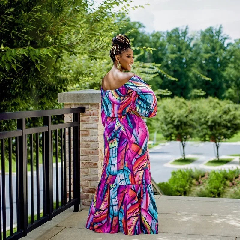 Plus Size Elegant Women's 2 Pieces Set Tube Top Off Shoulder Long Sleeve Printing Suit High Waisted Long Dresses Women Clothing