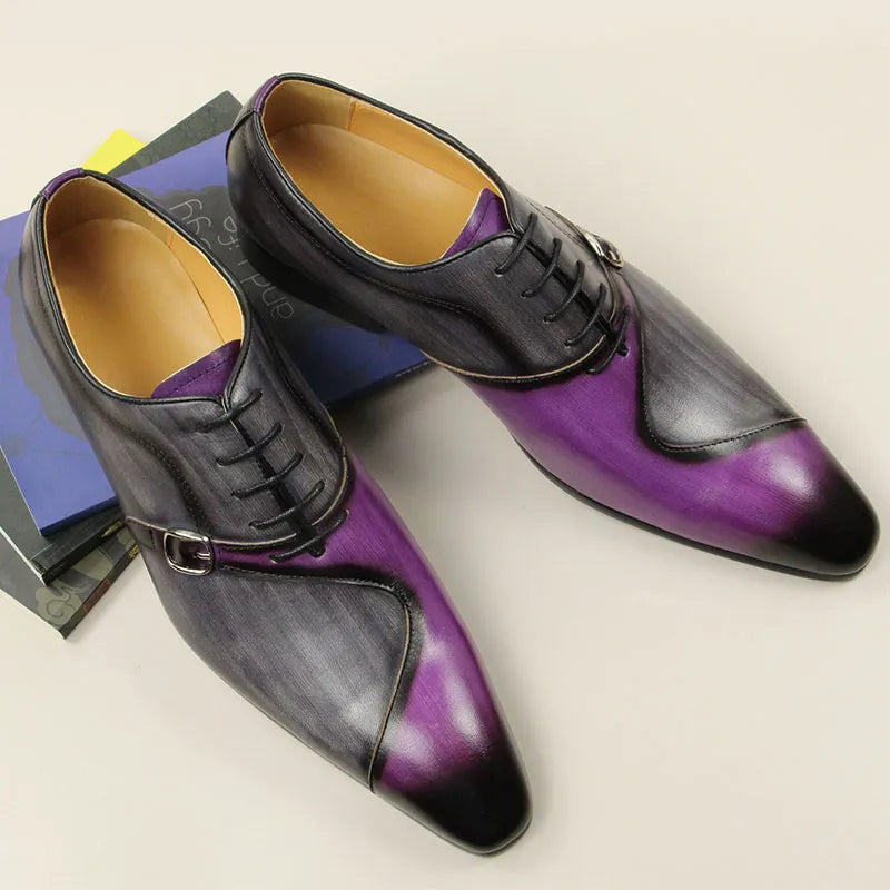 Men Leather Shoe High Quality Oxford Lace Up Side Metal Buckle Gray Purple Color Matching Handmade Business Formal Shoes