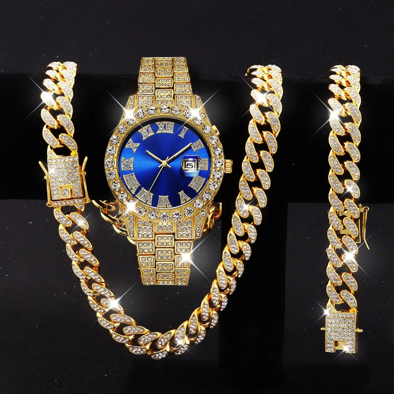 3PCS/Set Luxury Diamond Men's Watches Fashion Roma Dial Stainless Steel Band Quartz Watch Jewelry Set Reloj Hombre（Without Box）