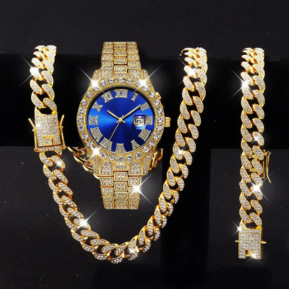 3PCS/Set Luxury Diamond Men's Watches Fashion Roma Dial Stainless Steel Band Quartz Watch Jewelry Set Reloj Hombre（Without Box）