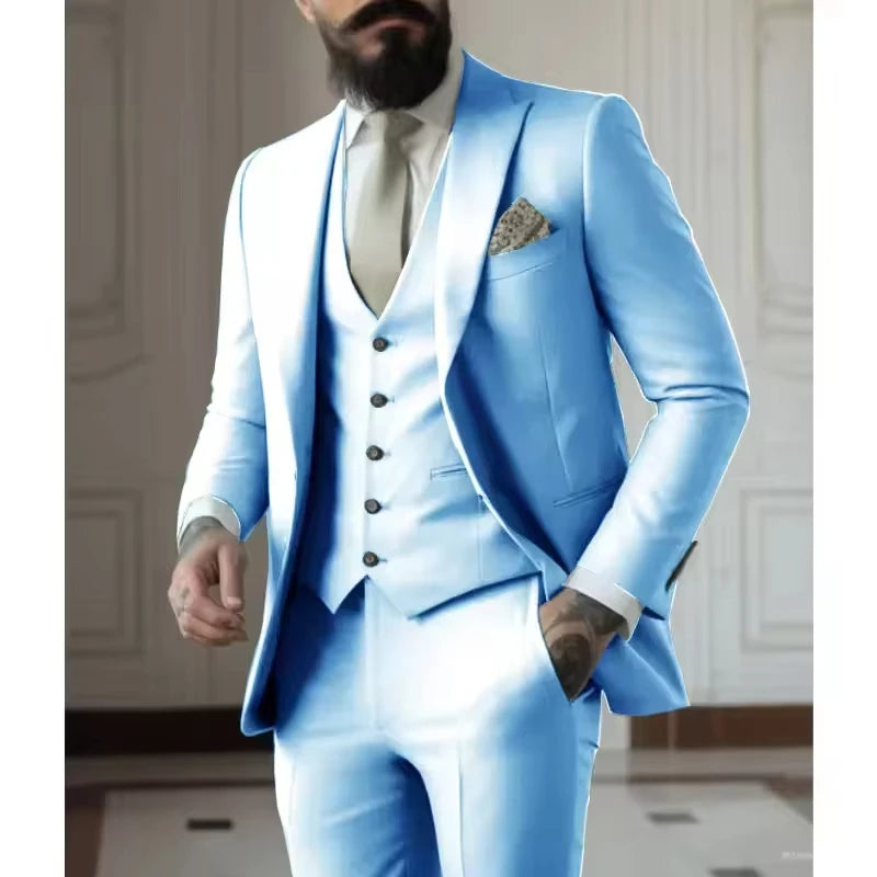 Sage Green Men's Slim Fit 3 Piece Suits (Jacket+Vest+Pant) Wedding Groom Tuxedos Prom Formal Male Party Blazers
