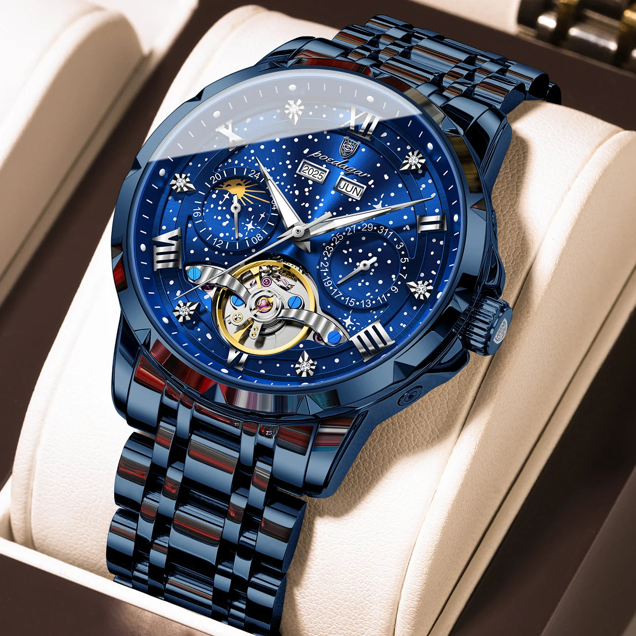 POEDAGARTopOriginal Men Clock Automatic MechanicalStainless Steel Men's Watches Calendar Hollow Tourbillon Man Watch Male+Box