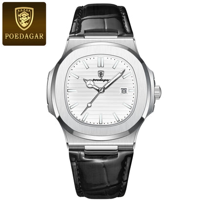 POEDAGAR Top Square Man Watch Date Waterproof Luminous Luxury Men Wristwatch High Quality Leather Men's Quartz Watches+Box Reloj
