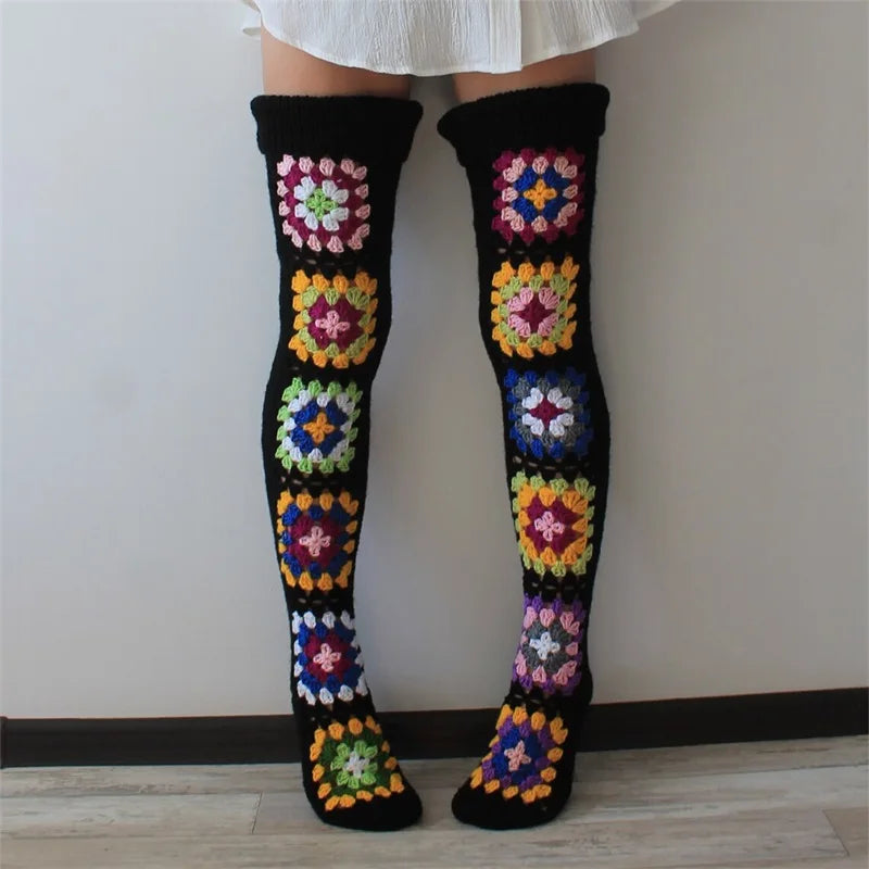 New Womens Autumn Winter Thigh Socks Extra Long Ethnic Crochet Knit Stockings Over Knee Socks Hot Sale